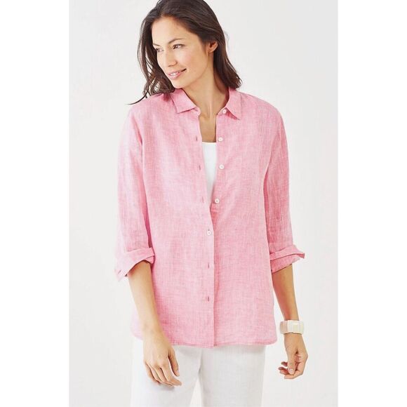 J.Jill woman’s XL 100% linen heathered pink long sleeve coastal beachy blouse - Picture 2 of 10